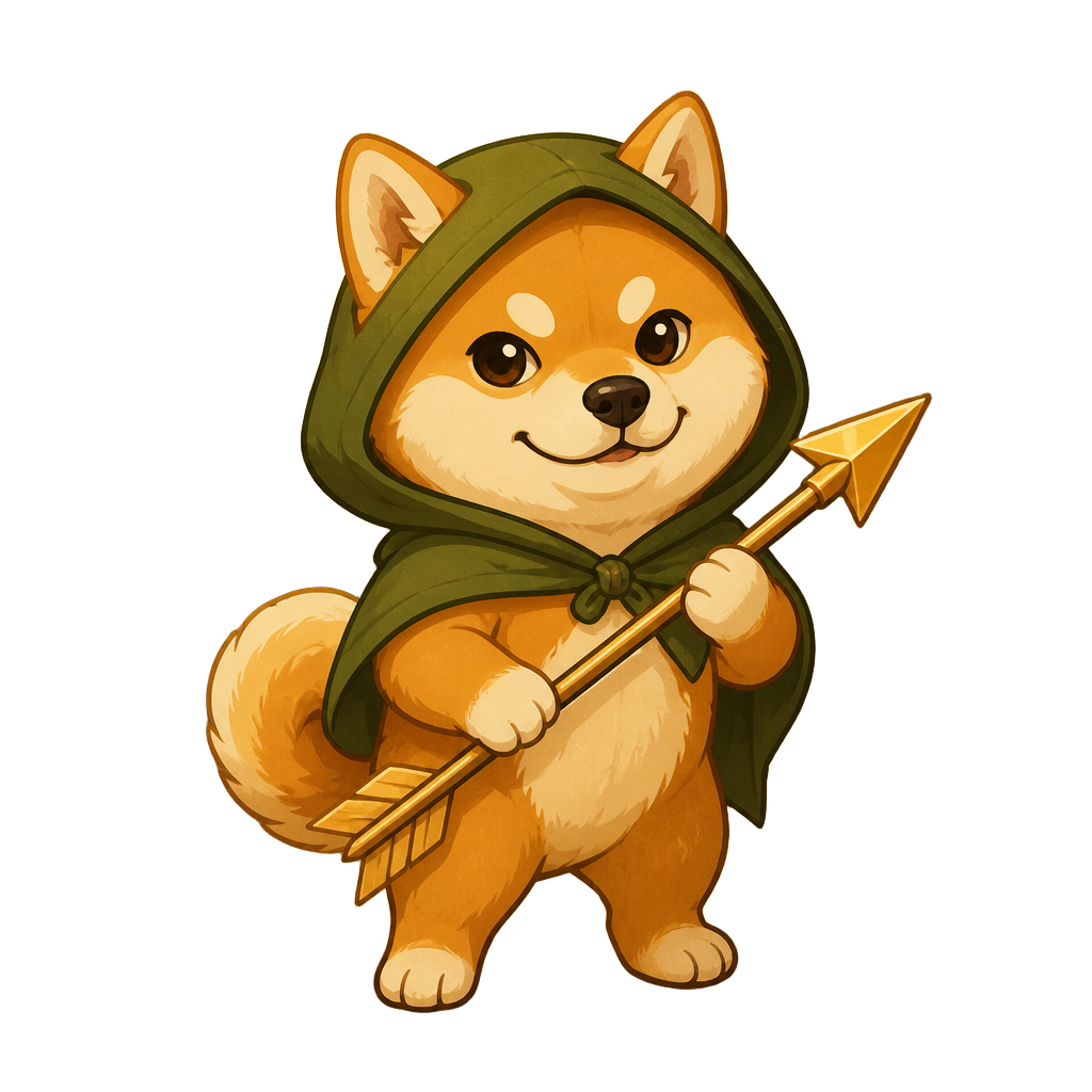 A hooded Shiba-inspired meme coin mascot holding a golden arrow