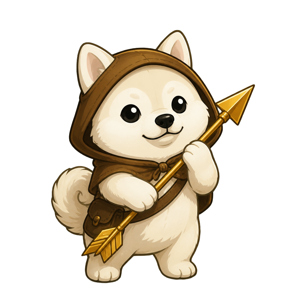 A white dog-inspired meme coin mascot in a brown hood holding a golden arrow